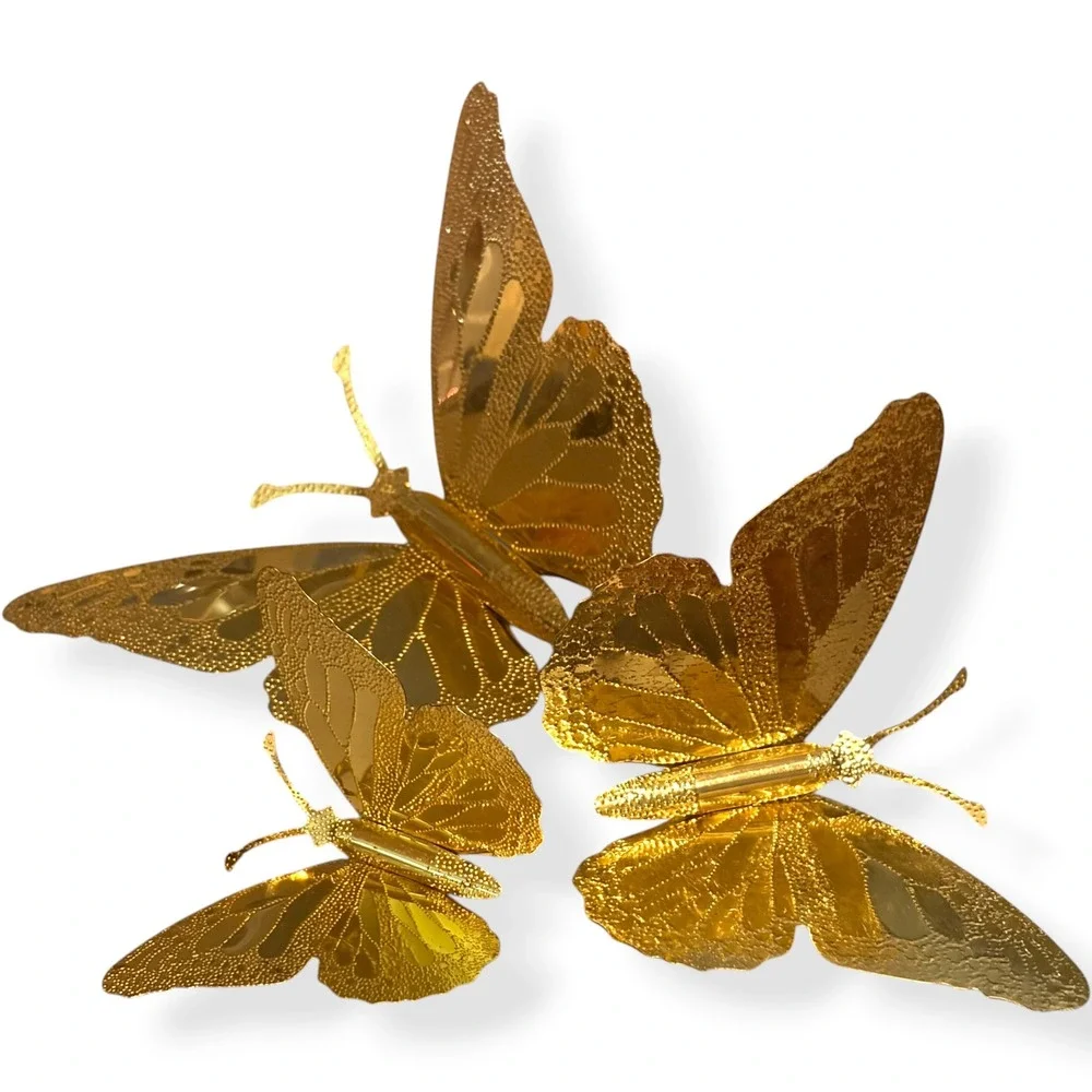 Vintage Gold Metal Butterfly Wall Decor Set of 3 Embossed Textured MCM Style